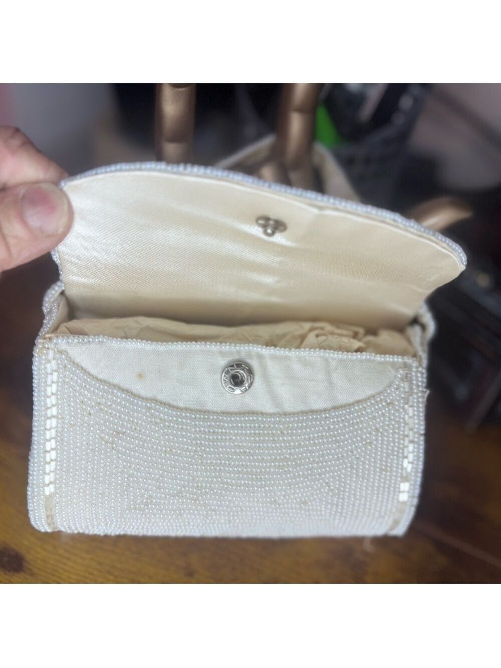 Vintage tiny Beaded purse cream beaded crown snap Vintage Japan - Picture 11 of 15
